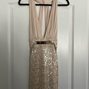 Bebe Cream Backless Sequin Dress